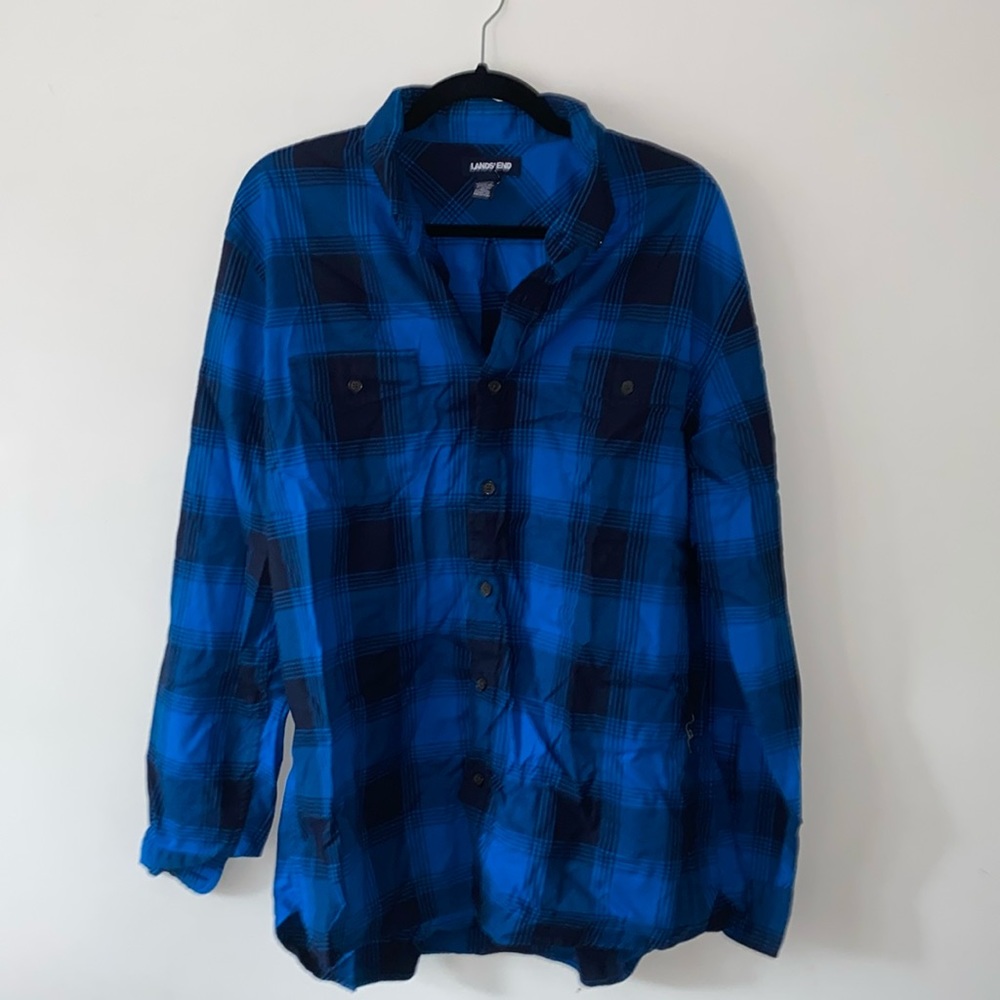Lands’ End Blue Plaid button down men’s shirt Large